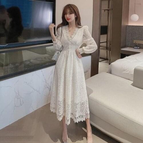 Women Dresses Autumn Winter Lace Dress Womens New V-neck Midi Dress Vestido De Mujer