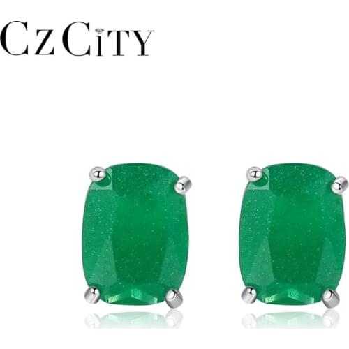 CZCITY New Green or Pink Stone Stud Earrings for Women Anniversary Fine Jewelry 925 Sterling Silver Pendientes Mujer SE0409