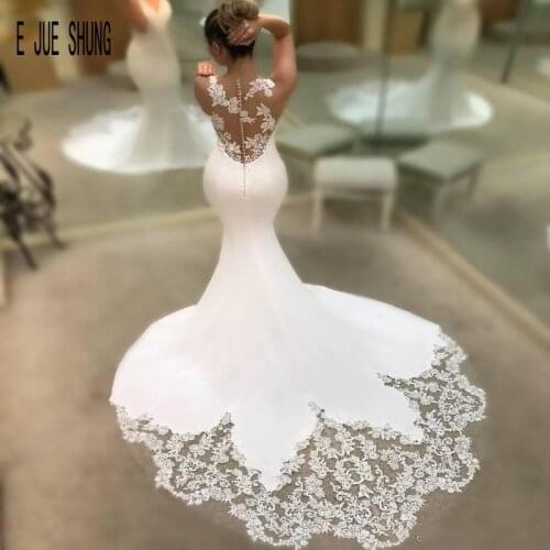 E JUE SHUNG Sexy V Neck Mermaid Wedding Dresses Sleeveless Sheer Buttons Back Lace Appliques Bridal Gowns vestido de novia