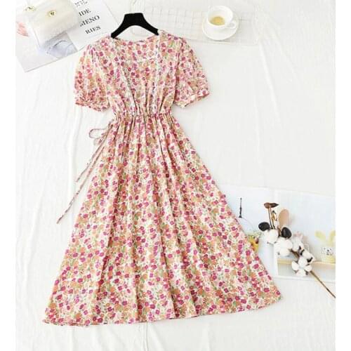 Women Vintage Floral Dress Sweet Square collar Drawstring Slim Midi Vestido Summer Elegant Chiffon Short Sleeve Dresses Femme