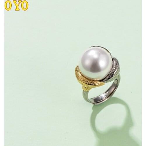 100%S925 Silver Vintage Womens Fashionable Silver Flower Toning Mabe Pearl Open Ring Free Shipping