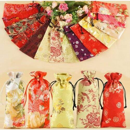 7.5*16cm Chinese Traditional Embroidery Drawstring Bag Brocade Pouches Damask Jewelry Change Bag Purse Accessories New Year Gift