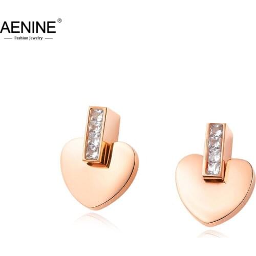 AENINE New Titanium Stainless Steel Cubic Zirconia Wedding Earrings Jewelry Fashion Rose Gold Heart Earrings For Women AE17121