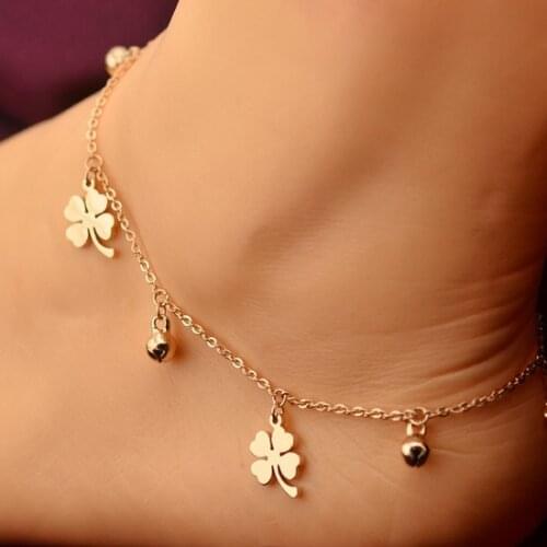 YUN RUO Fortunate Four Leaf Clover Bells Anklet Fashion Jewelry Titanium Steel & Rose Gold Color Valentine Gift Free Shipping