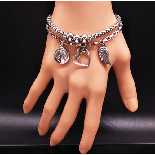 Double Silver Color Wing Stainless Steel Bracelet for Women Peace Sign Bracelets & Bangles Jewelry pulsera wholesale B61444S05