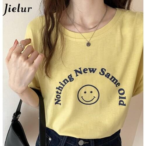 Jielur 2021 Summer Smiley Face Letter Printing Short-sleeved Tshirt O-neck Korean Style Casual Tshirt Women Loose Top White S-XL
