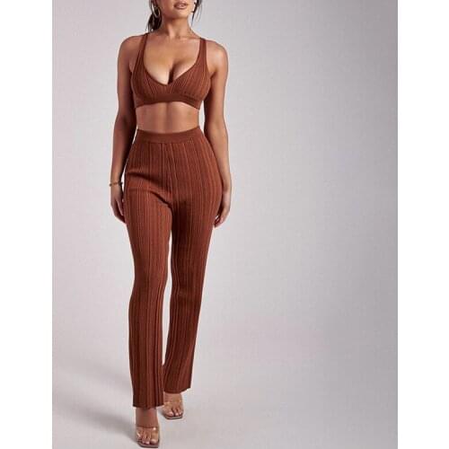 Two Piece Pants Set 2021 Women Sexy Crop Top and Pants Set Flare Pants Long V Neck Knitted Top Sexy for Party Clubwear