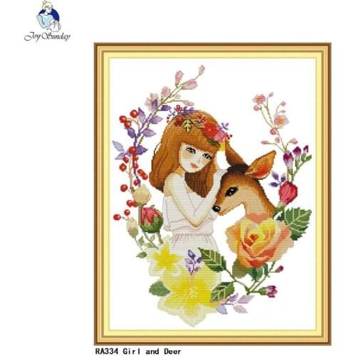 JoySunday Girl with Deer Count Cross Stitch Kit 11ct 14ct Cross Stitch Wholesale DIY Characters Animal Embroidery Needlework Set
