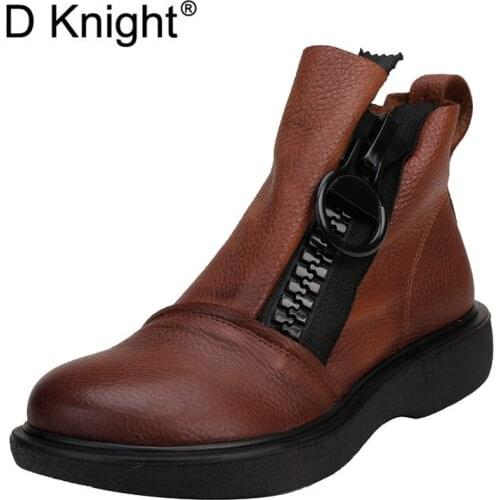 Retro Solid Zipper Platform Single Female Motorcycle Boots Shoes Autumn Winter New Genuine Leather Short Ankle Boots For Woman