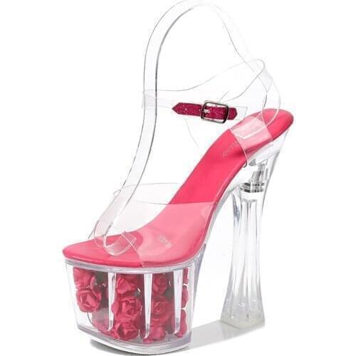 Wedding Shoes Women Model Shoes Thick Heels Super High heels 17cm Roses Waterproof Fishmouth Sandals Transparent Crystal Shoes