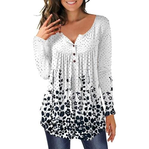 Womens Blouse Harajuku V Neck Flower Printed Buttons Long Sleeve Asymmetric Hem Top Summer Loose Blouse Tops Blusas Y Camisas