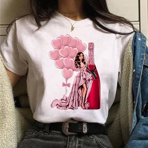 Pink Balloon Print Women Black Tshirt Casual Summer Short Sleeves T Shirts New Fashion T Shirt 90s Yong Girl Tops Tees