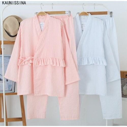 Women Cotton Sleepwear Gauze Kimono Tops Long Pants Striped Pajamas Set Female Summer Spring Loungewear Suit Loose Home Clothes