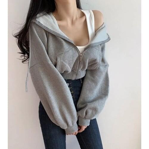 JMPRS Women Short Hoodies Loose Solid Sweatshirt Tracksuit Long Sleeve Autumn Female Crop Top 2021 Fashion Harajuku Grey Tops