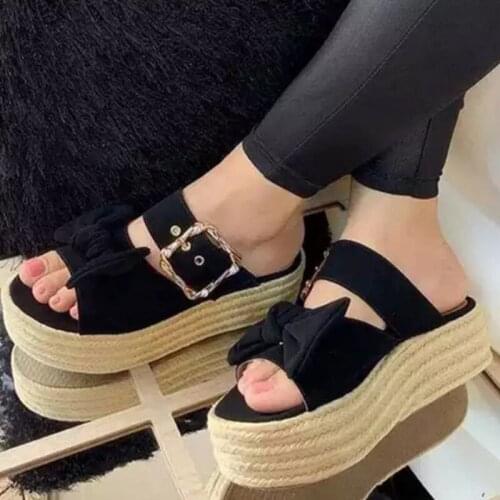 Women Sandals New 2021 Bowknot Platform Slippers Hemp Rope Thick Soles Solid Summer Beach Ladies Shoes Women Slides WSH4066