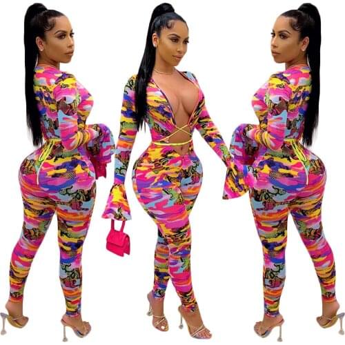 Sexy Geometry Print V-Neck Long Flare Sleeve Hollow Out Bandage Night Party Club Skinny Jumpsuit Women Outfit Rompers Overalls