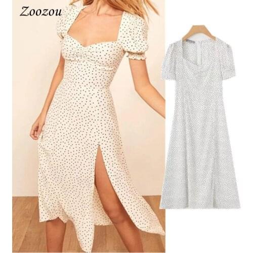 Women Summer White Dot Square Neck Dress Shot Sleeve Side Split Loose Cute Dresses Contrast Swiss Dot Calf length Boho Sun Dress