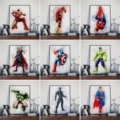 Watercolor Marvel Superheroes Posters and Prints Captain America IRON MAN Canvas Painting Wall Pictures for Kids Bedroom Decor