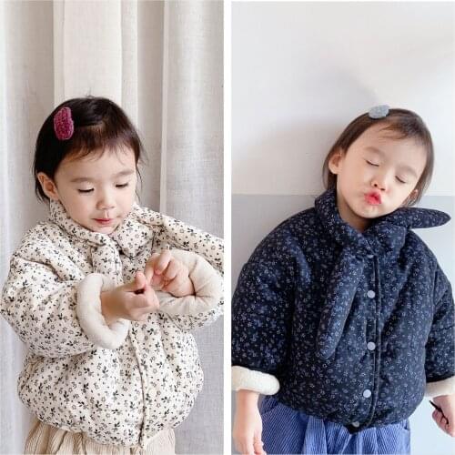 Baby Winter Coats 2-7 Y Toddler Girls Korean Thicken Cotton Jackets Cute Floral Print Scarf Collar Warm Down Coats for Girl