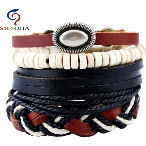4Psc/set Cheap Price Fashion Multi-Layer Genuine Leather Man Bracelets Casual/Sporty Alloy Double-safety-clasps Men Jewelry