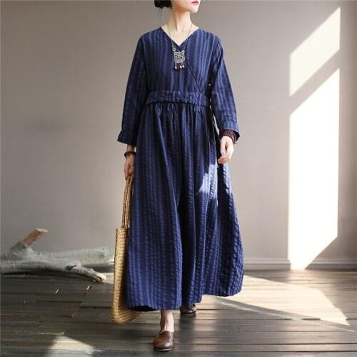 Johnature Women Vintage Striped Dress Long Sleeve Autumn Cotton Linen Women Cloths 2021 Fall New Loose V-Neck Casual Maxi Dress