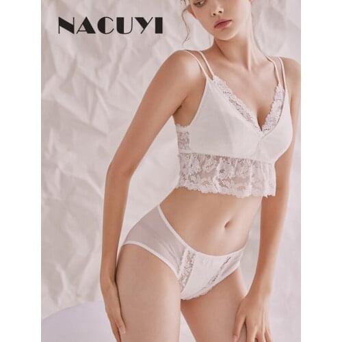 NACUYI-Gray Lace Lingerie Set Double Shoulder Strap Bras Cotton Thin Non-wired Bralette Women Underwear Sexy Embroidery 2021