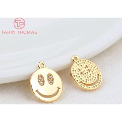 6PCS 10.5MM Hole 1MM 24K Gold Color Brass with Zircon Smiley Pendants Charms High Quality Diy Jewelry Findings Accessories