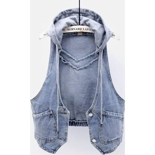 Fashion Removable Hooded Denim Vest Women Student Waistcoat Sleeveless Jacket Coat Female Plus size Slim Short Blue Jeans Vests