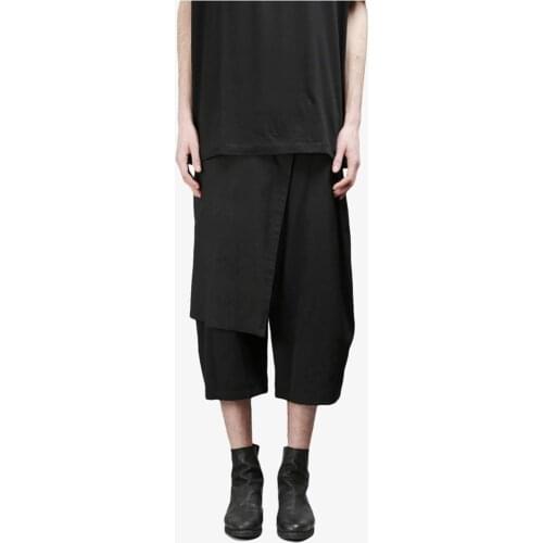Men of new style of chunxia restore ancient ways false two irregular design 7 minutes trouser skirt pure color wide leg trousers