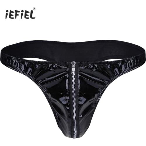 IEFiEL Men Sexy Lingerie Sissy Panties Jockstrap Gay Underwear G-String Thongs with Zipper Low Rise Patent Leather Exotic Briefs