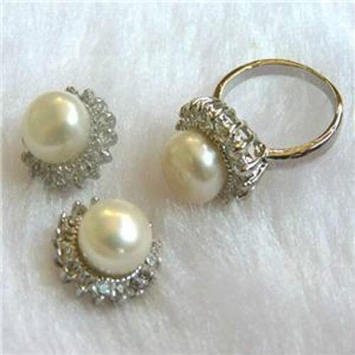 Noblest Natural White Akoya Cultured Pearl Ring + Earrings Jewelry Set AAA