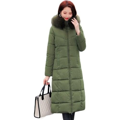 Solid Color Down Cotton Jacket Hooded Thick Large Fur Collar Plus Size Ladies Fashion Mid-length Slim Jacket Female JD1474