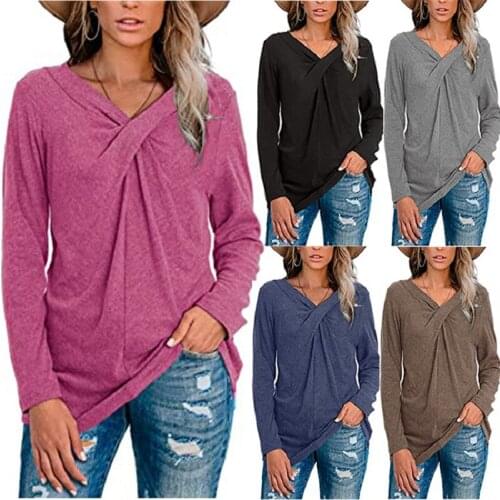 Autumn 2020 New Fashion Womens V-Neck Long Sleeve Neckline Kinking Casual Solid Color T-shirt Pullover Top
