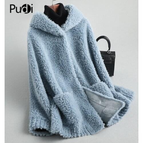 PUDI Women Winter Real Wool Fur Coat Jacket Female Girl Sheep Shearing Hooded Coats Lady Fur Parka Jacket Overcoats A59428