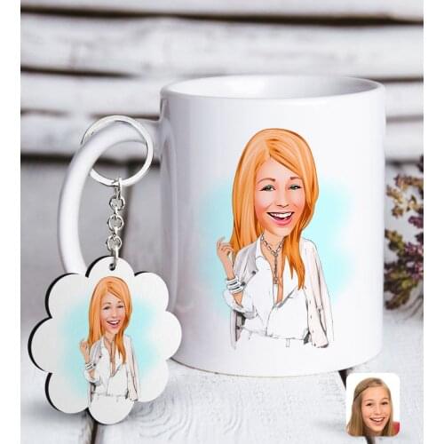 Personalized Women 'S Model Caricature Of White mug And Keychain Gift Seti-2