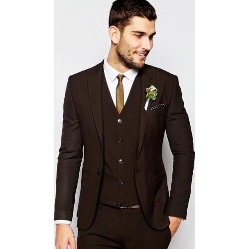 Center Vent Groomsmen Shawl Lapel Groom Tuxedos Dark Brown Men Suits Wedding Best Man Blazer (Jacket+Pants+Vest+Tie) C55