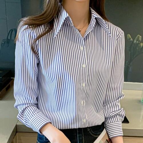 Long Sleeve Stirped Chiffon Blouse Shirt Tops Blouse Women Blusas Mujer De Moda 2021 Turn Down Collar Office Blouse Blusa E276
