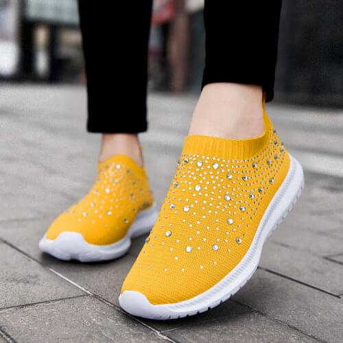 Rimocy Breathable Mesh Crystal Sneakers Women 2021 Womens Soft Flat Heel Knit Sports Shoes Casual Plus Size Light Walking Shoes