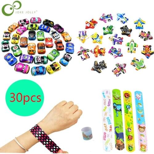 30 Pcs cartoon pull back car plane Mini Car Model Kids Novelty Cartoon Slap Bracelets Wrap Wristband Ring Band Party Toys WYW