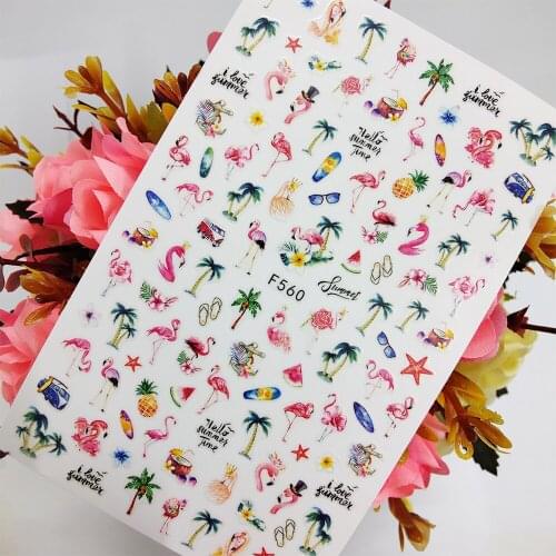 3D Nail Sticker Foil Adhesive Design Sliders Summer Seaside Flamingo Coconut Tree Nail Art Decoraciones Manicure Accesorios Tips