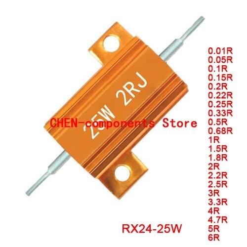 5PCS RX24 25W Gold aluminum shell resistor 0.01R 0.05 0.1 0.15R 0.22R 0.25 0.33R 0.5 0.68 1.5 1.8R 2R 2.5R 3R 3.3R 4R 4.7R 5R 6R