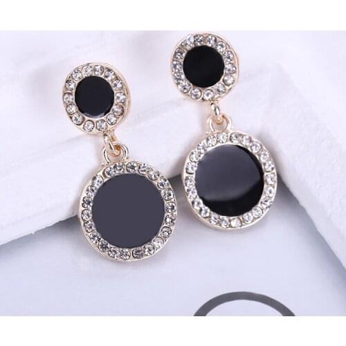 Black oil drop round earrings female Korean temperament long rhinestone simple earrings net red earrings female
