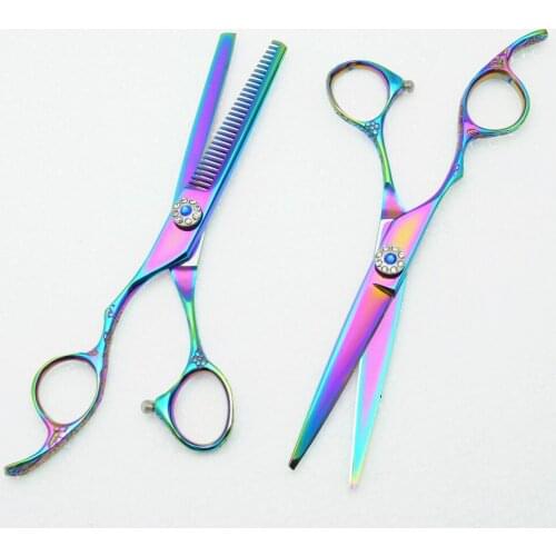 2Pcs Left Hand 6'' Customized Logo Colorful Professional Human Hair Scissors Hairdressing Scissors Cutting Shears+Thinning C8002
