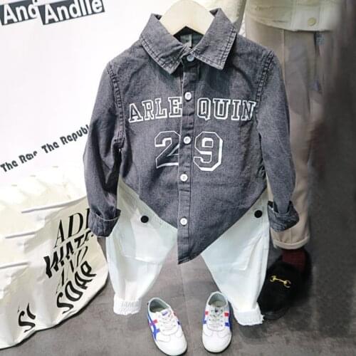 Boy denim shirts spring autumn fashion letter denim shirts casual streetwear style handsome kids baby shirts 90-130cm z145