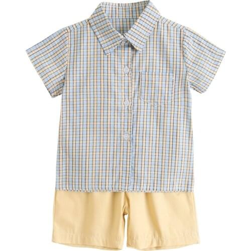 Sanlutoz Cotton Short Sleeve Todder Boys Shirts + Bottoms Casual Infants Clothes Sets Plaid