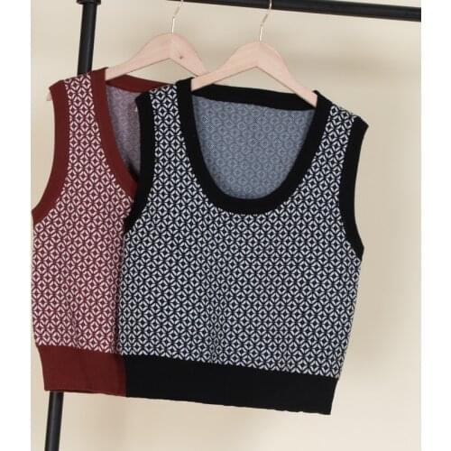 Preppy style sweater vest tops cryptographic oversized sweater knit top brown women clothing knitted vest crop top korean style
