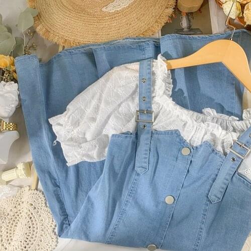 Korean Style Kawaii Denim Dress 2021 Summer Short Sleeve Y2k Mini Dresses Women Casual Face 2 Piece Design Party Sweet Dress