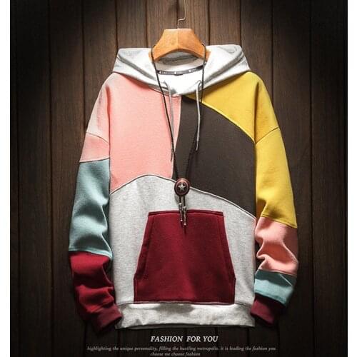 Mens Hooded Color Block Sweatshirt Cotton Pullover Coat Korean Casual Hoodie M-5XL
