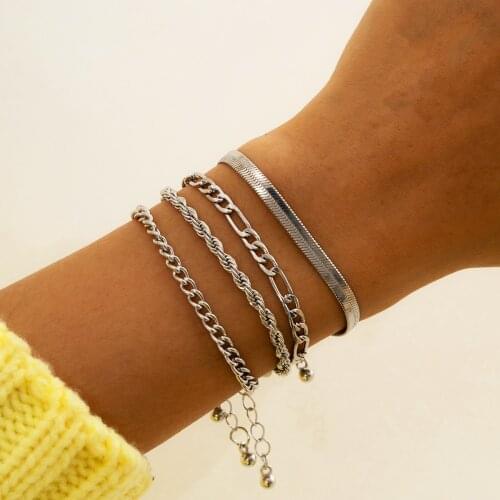 Punk Hip-hop Flat Snake&figaro&Twist Rope&Link Chains Bracelet Set for Women Classic Gold Silver Color Couple Hand Jewelry Gift