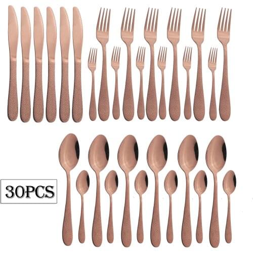 30Pcs Rose Cutlery Set Knife Fork Spoon Dinner Set Stainless Steel Tableware Set Cake Fork Dinnerware Set Kitchen Flatware